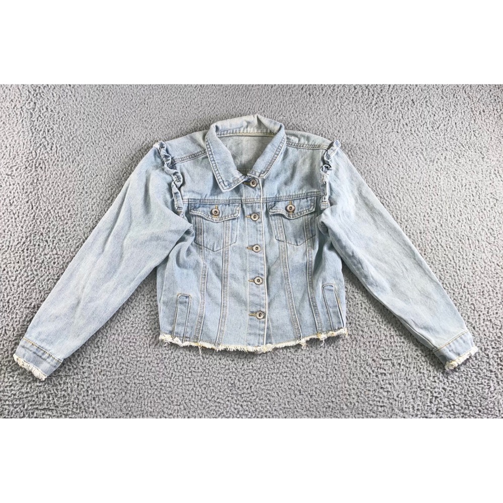 Ruffle Shoulder Denim Jacket Women S Light Wash Raw Hem Cropped Western Spring - Picture 2 of 12
